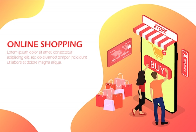 Las compras en línea. Tienda en línea. Personas. Isométrica