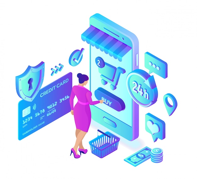 Las compras en línea. Tienda online isométrica 3D. Carácter de cliente mujer de compras en línea en el sitio web o aplicación móvil.