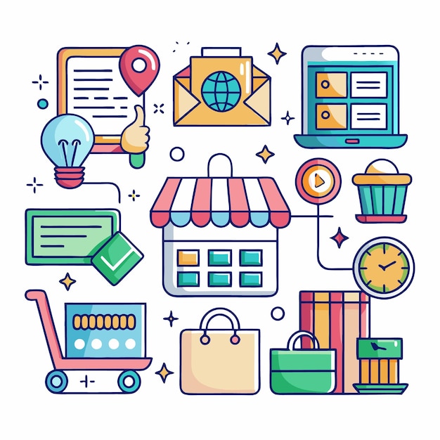 Compras en línea con tiendas de entrega e íconos de pago