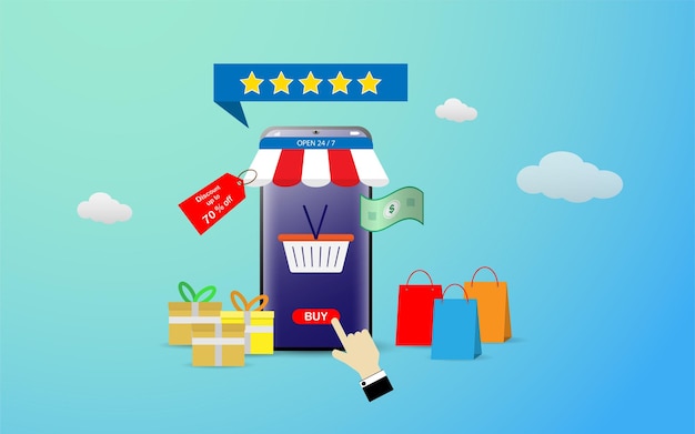 Compras en línea usando el concepto de teléfono inteligente o computadora portátil