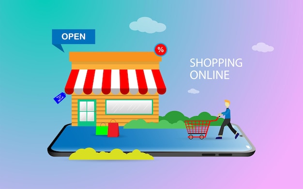 Compras en línea usando el concepto de teléfono inteligente o computadora portátil
