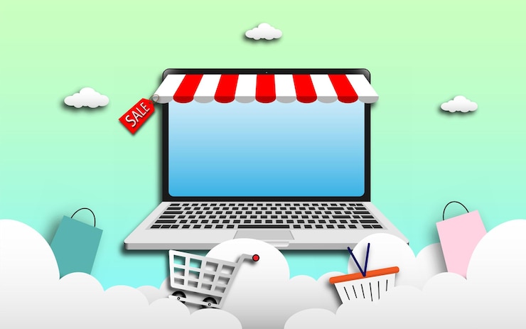 Vector compras en línea usando el concepto de teléfono inteligente o computadora portátil