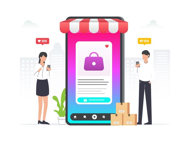 Compras en línea utilizando la ilustración de comercio social Hombre y mujer usando un teléfono inteligente