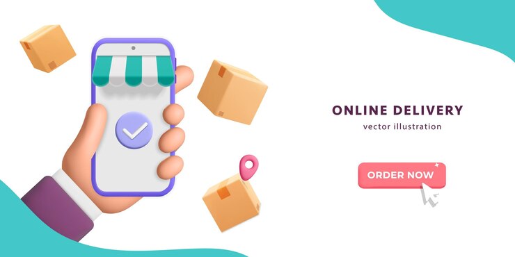 Vector compras en línea vectoriales 3d y servicio de entrega rápida en aplicaciones móviles con banner para teléfonos inteligentes