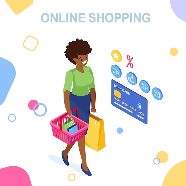 Compras en línea, venta. compra en tienda minorista por internet. mujer isométrica con cesta de la compra, bolso
