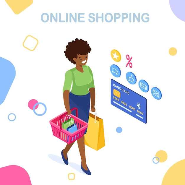 Compras en línea, venta. Compra en tienda minorista por internet. Mujer isométrica con cesta de la compra, bolso