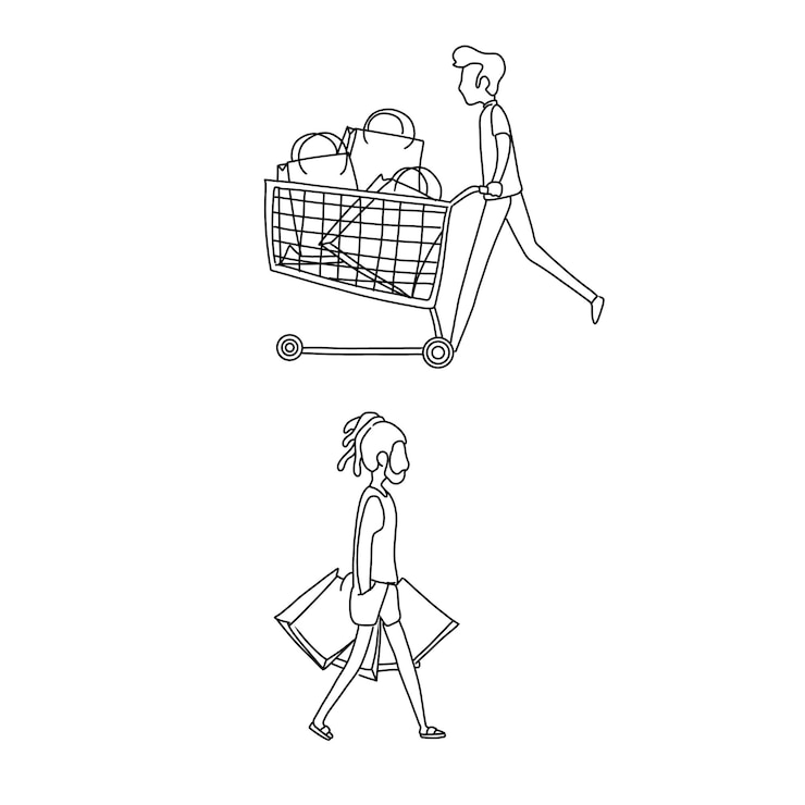 Vector compras, mano, dibujado, garabato, ilustraciones, vector, conjunto