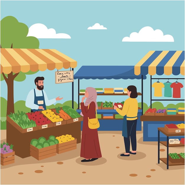 Compras en el mercado de agricultores con puestos de productos frescos y ropa