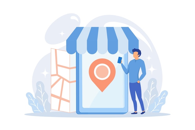 Vector compras móviles, compras en línea. compras modernas, minorista en línea, elemento de diseño de conveniencia para el consumidor.