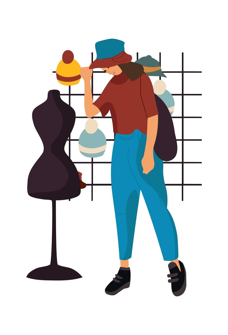 Vector compras mujer de dibujos animados en el centro comercial mujer joven con ropa casual acogedora y sombrero chica moderna aislada en tienda de ropa humano minimalista elige sombreros en el concepto de vector de tienda de accesorios
