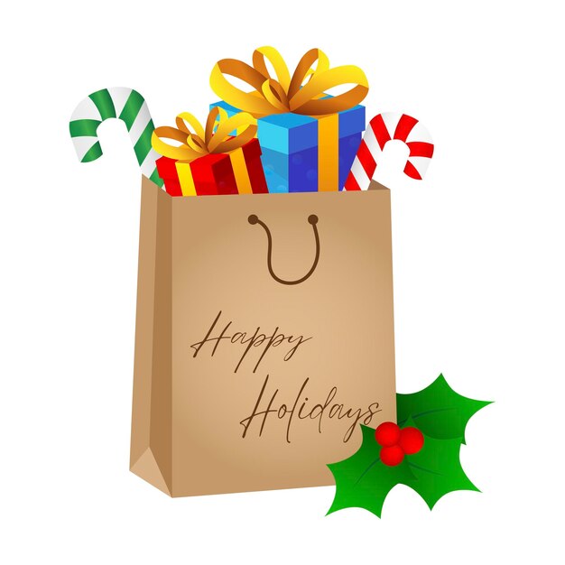 Compras de Navidad Una bolsa de papel llena de regalos de Navidad y dulces Ilustración vectorial