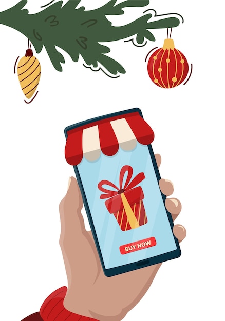 Compras navideñas en la aplicación móvil. Enorme caja de regalo presente en la pantalla del teléfono inteligente.