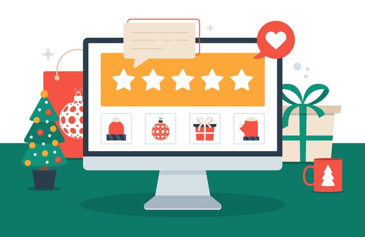 Vector compras navideñas y comentarios cinco estrellas ilustración plana