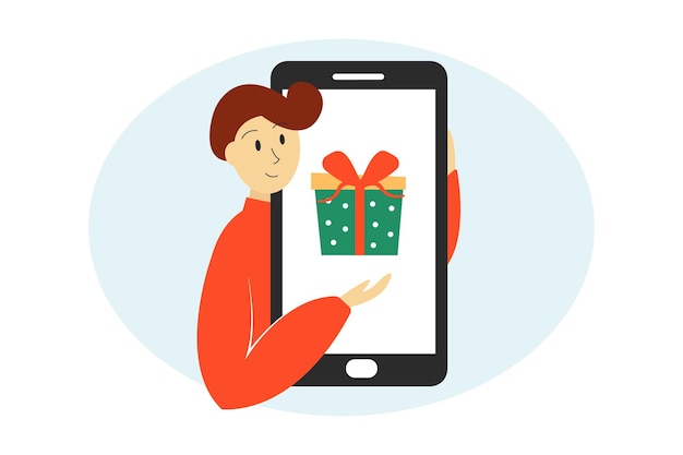 Compras navideñas en línea Hombre feliz con smartphone Ilustración vectorial