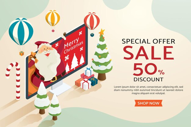 Compras navideñas en línea Papá Noel con caja de regalo de árbol de navidad