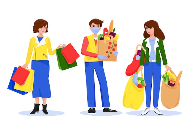 Compras. Personas con bolsas de papel pesadas de la tienda de comestibles. Caracteres vectoriales, estilo plano.