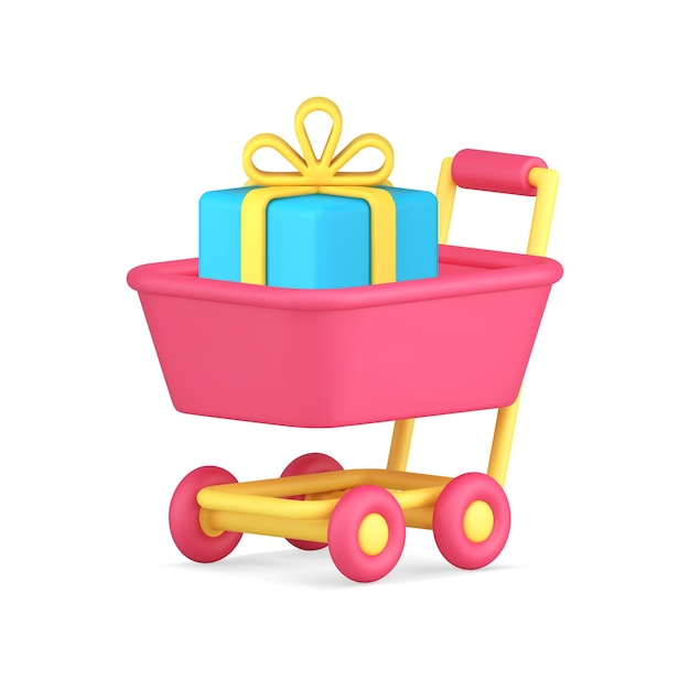 Compras presente vacaciones sorpresa carrito de supermercado carro envuelto caja de regalo icono 3d vector realista