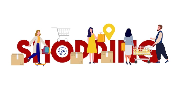 Vector compras de texto comercio mercado compra de bienes niño con niña cliente compra compras de comestibles carrito de compras