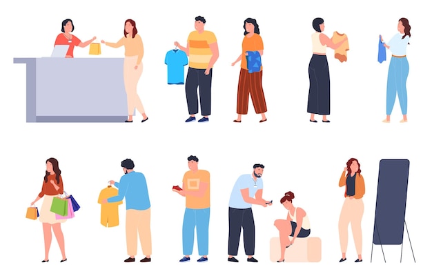 Compras en una tienda de ropa Mujeres y hombres compran y prueban ropa y zapatos Ilustración vectorial