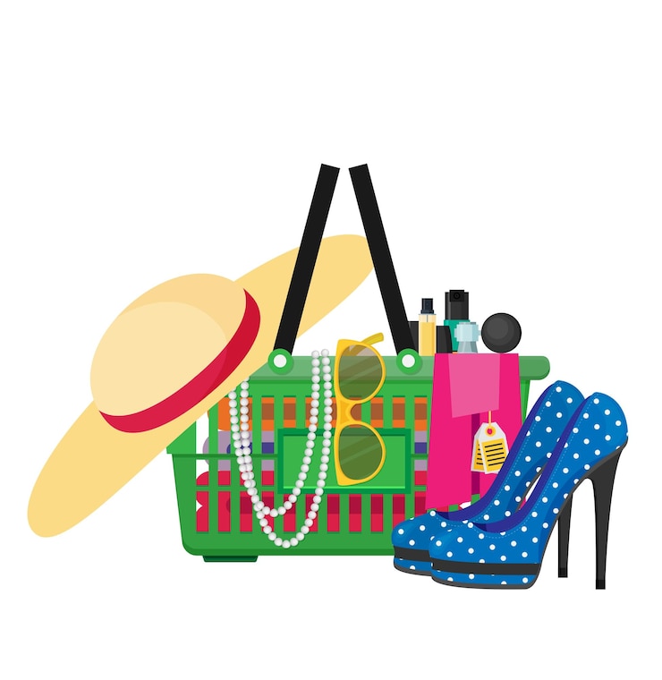 Vector compras vectoriales planas para el concepto de accesorios y cosméticos
