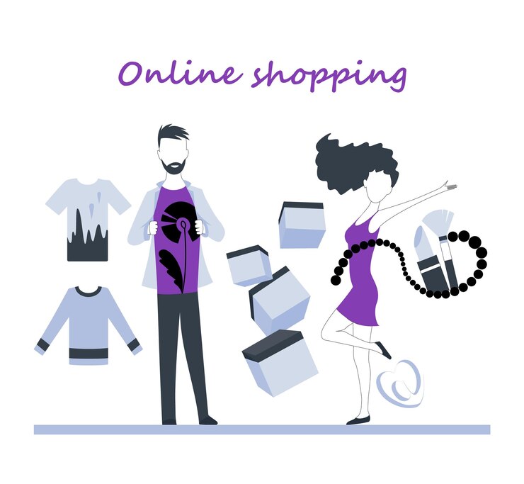 Vector compras virtuales en línea, comercio electrónico, servicio al cliente, concepto, niño y niña, en, tienda virtual, compras, cartel, vector, ilustración