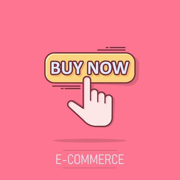Compre ahora icono de tienda en estilo cómico Ilustración de dibujos animados vectoriales de cursor de dedo sobre fondo blanco aislado Haga clic en el botón efecto de salpicadura de concepto de negocio