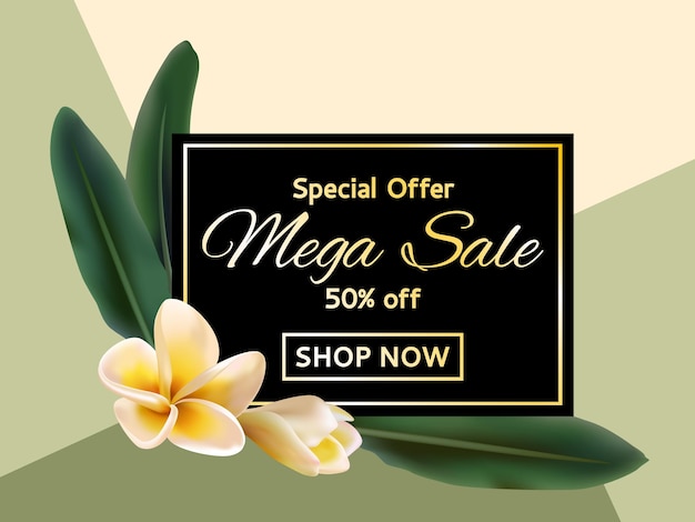 Compre ahora mega venta etiqueta vectorial descuento banner frangipani flores tropicales y hojas diseño gráfico