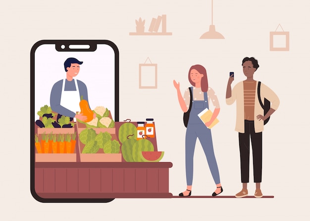 Vector compre alimentos en la ilustración de la tienda del mercado agrícola en línea, personajes felices de dibujos animados que compran verduras y frutas orgánicas en el fondo de la tienda de agricultores