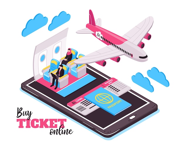 Compre el boleto en línea y viaje en el concepto de ilustración isométrica de avión con pasajeros de avión voladores y un gran teléfono inteligente