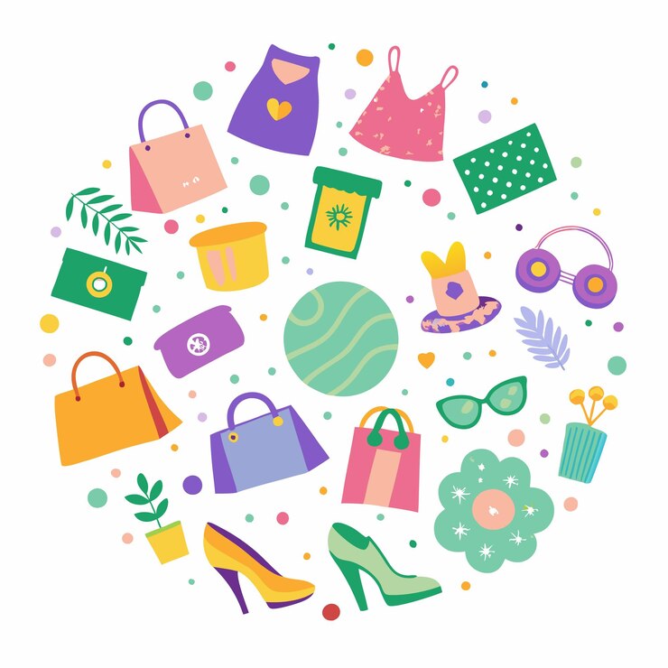 Vector compre bolsas elegantes, zapatos y accesorios para mujeres