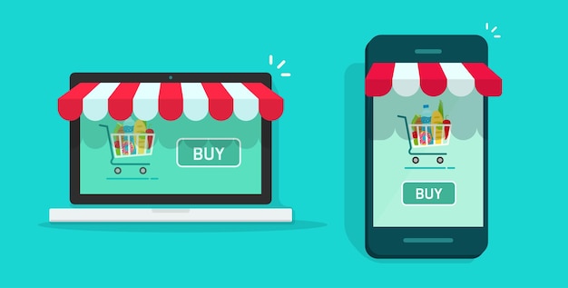 Compre comercio electrónico en línea en una computadora portátil o en una tienda electrónica digital de Internet en una celda de aplicación móvil