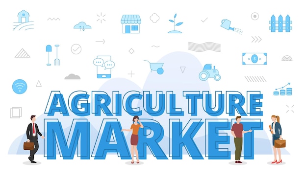 Compre el concepto de agricultura con grandes palabras y personas rodeadas de íconos relacionados con estilo de color azul