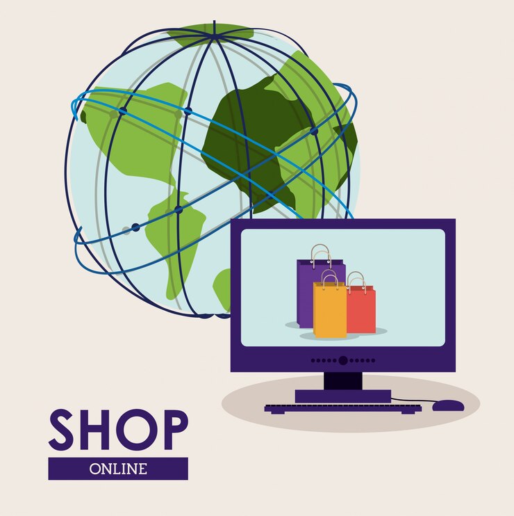 Vector compre en línea concepto, globo terráqueo y computadora con bolsas de compras