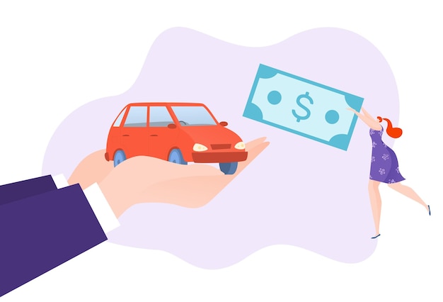 Compre o alquile un nuevo concesionario de vehículos de automóviles, trueque exitoso, diseño de automóviles de lujo, estilo plano