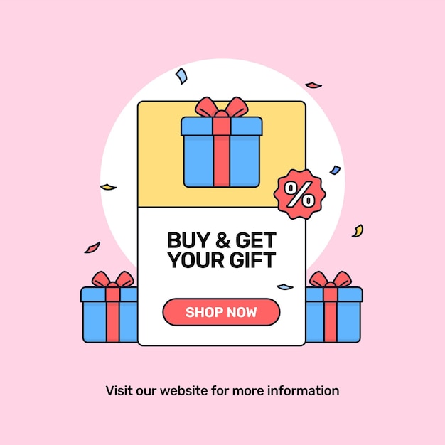 Compre y obtenga una recompensa de promoción de marketing de la tienda en línea de las redes sociales con ilustración de contorno de vector de caja de regalo