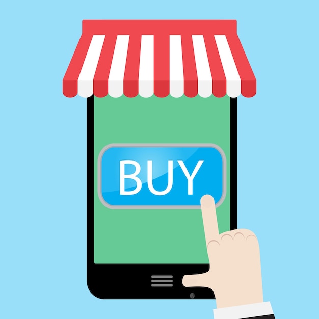 Compre usando un teléfono inteligente Botón Comprar ahora y ordene ahora Botón de venta y compra Ilustración vectorial