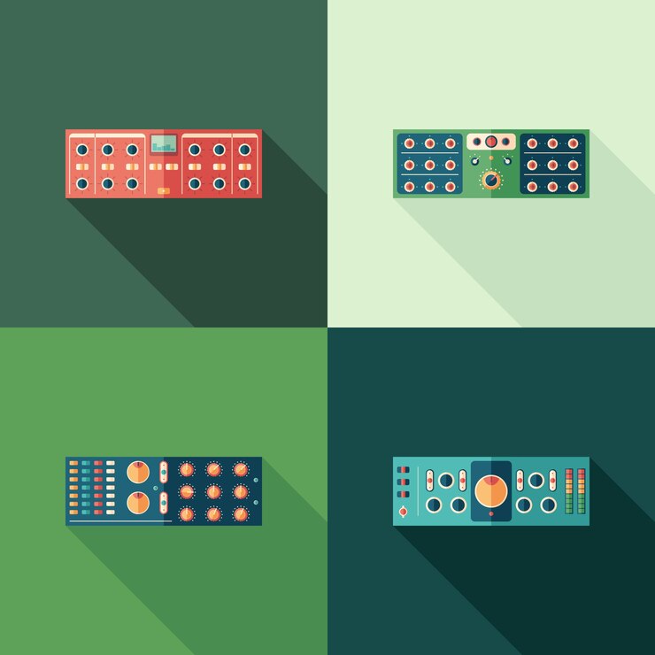 Vector compresores de audio iconos cuadrados planos. set 5