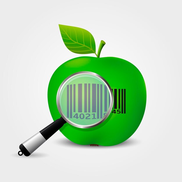 Comprobación del código de barras en la manzana verde