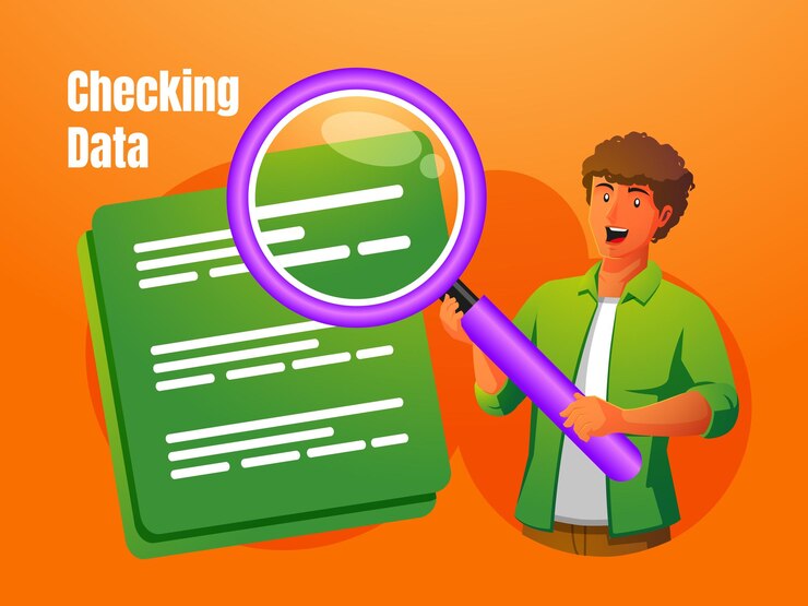 Vector comprobación del concepto de datos con símbolo de lupa y documento
