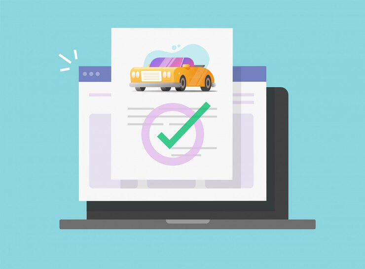 Vector comprobación en línea del documento legal del seguro del automóvil o vehículo en la computadora portátil o detalles del acuerdo digital del automóvil contrato ilustración de cartón