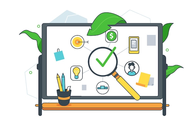Vector comprobación de todos los componentes de la ilustración vectorial del sistema del proyecto. pantalla de portátil con lupa y estilo plano de verificación verde. concepto de análisis de proyecto