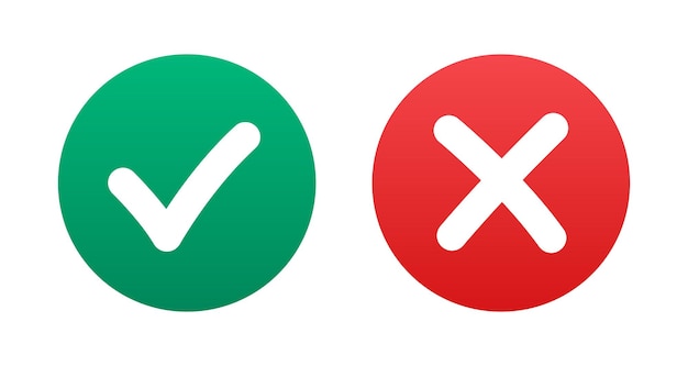 Comprobar y firmar el icono incorrecto. marca de verificación verde, conjunto de iconos de marca de cruz roja. ilustración vectorial