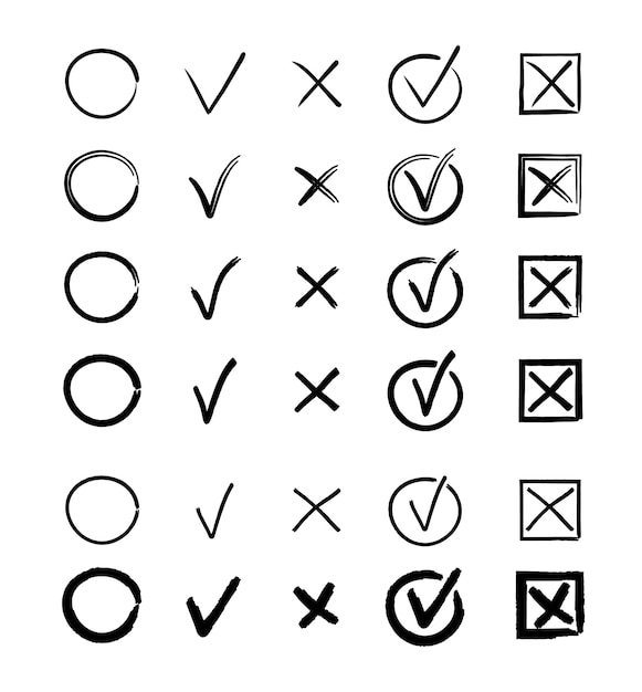 Compruebe y cruce el conjunto de vectores de marca. señales de pincel cruzado marcador. iconos ok y x en estilo dibujado a mano.