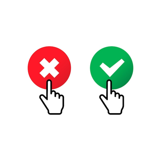 Compruebe y cruce la marca con el icono del cursor de mano. Aprobar o negar el concepto. Para aplicaciones y sitios web. Vector EPS 10. Aislado sobre fondo blanco.
