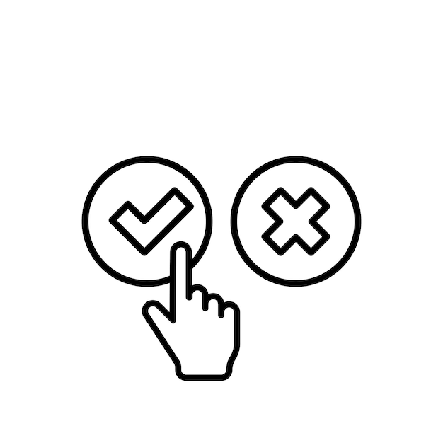 Compruebe y cruce la marca con el icono del cursor de mano. aprobar o negar el concepto. para aplicaciones y sitios web. vector eps 10. aislado sobre fondo blanco.