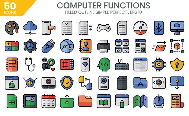 Computación Funciones rellenadas conjunto de iconos de contorno Ilustración vectorial