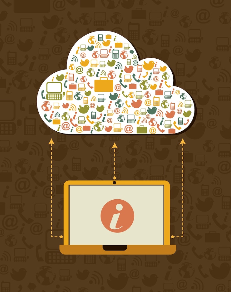 Vector computación en la nube con la ilustración de vector de estilo vintage portátil