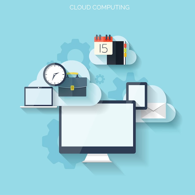 Computación en nube plana de fondo tecnología de red de almacenamiento de datos contenido multimedia y sitios web
