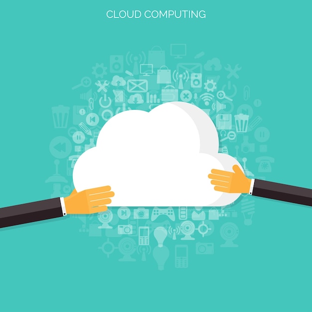Computación en nube plana de fondo tecnología de red de almacenamiento de datos contenido multimedia y sitios web