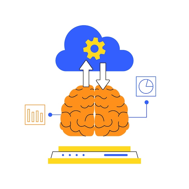 Computación en la nube de tecnología cerebral inteligencia artificial ai futuro procesamiento de grandes datos aprendizaje profundo servidor de internet ilustración de tono dúo